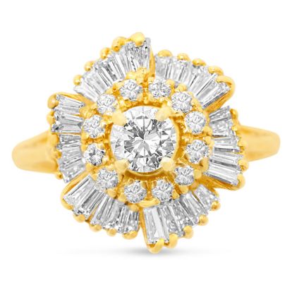 Estate Jewelry 1 3/4 Carat Round and Baguette Diamond Ballerina Ring In 14K Yellow Gold, Size 6.5