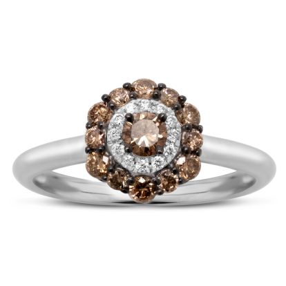 Estate Jewelry 1/2 Carat Chocolate Bar Colored Champagne Diamond Halo Ring In 14K White Gold, Size 6.5