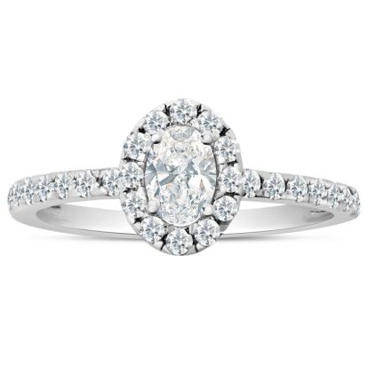 Estate Jewelry 3/4 Carat Oval Shape Halo Lab Grown Diamond Engagement Ring In 14K White Gold, Size 6