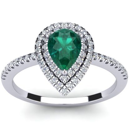 Estate Jewelry 1 Carat Pear Shape Created Emerald and Double Halo Diamond Ring In Sterling Silver, Size 5.5