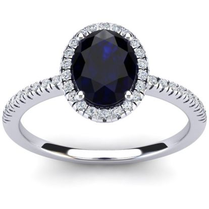 Estate Jewelry 1-1/2 Carat Oval Shape Created Sapphire and Halo Diamond Ring In Sterling Silver, Size 5
