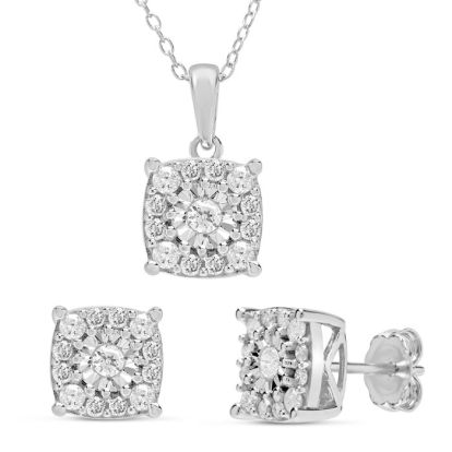 1 Carat Miracle Set Diamond Necklace and Earring Set In Sterling Silver, Cushion Style