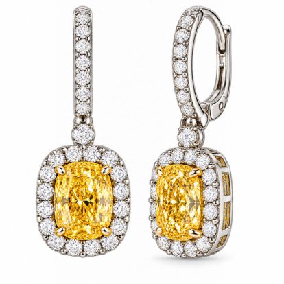 Estate Jewelry 3 Carat Lab Grown Canary Yellow Diamond Halo Drop Earrings In 14K White Gold