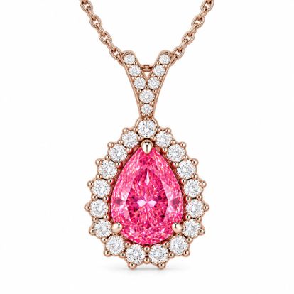 Estate Jewelry 2 1/2 Carat Lab Grown Pear Shape Pink Diamond Halo Necklace In 14K White Gold