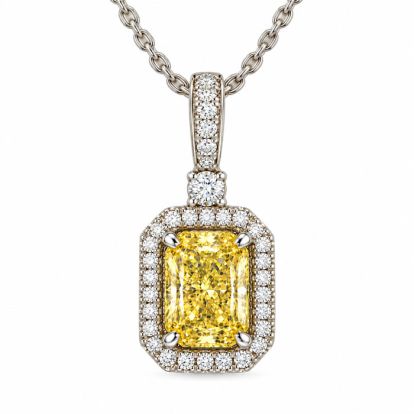 Estate Jewelry 1.66 Carat Lab Grown Canary Yellow Diamond Halo Necklace In 14K White Gold