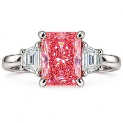 Estate Jewelry 3.28 Carat Lab Grown Radiant Fancy Pink Diamond and Trapezoid Three Stone Ring In 14K White Gold