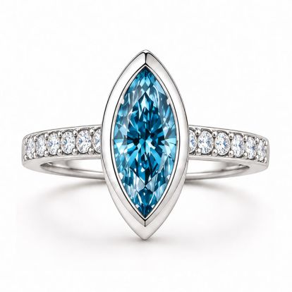 Estate Jewelry 2 1/2 Carat Lab Grown Marquise Shape Blue Diamond Bezel Set Ring In 14K White Gold