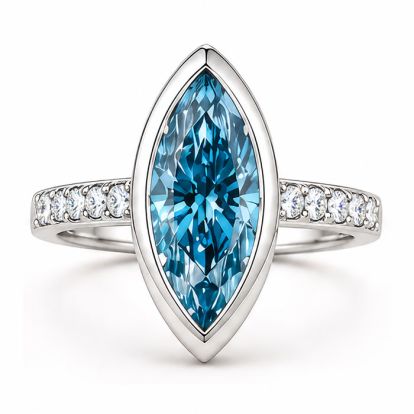 Estate Jewelry 3 1/2 Carat Lab Grown Marquise Shape Blue Diamond Bezel Set Ring In 14K White Gold