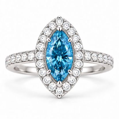 Estate Jewelry 3 Carat Lab Grown Marquise Shape Blue Diamond Halo Ring In 14K White Gold