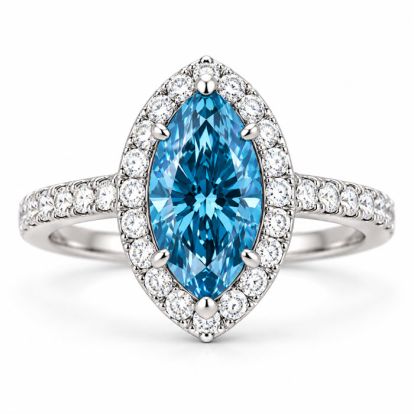 Estate Jewelry 4 Carat Lab Grown Marquise Shape Blue Diamond Halo Ring In 14K White Gold