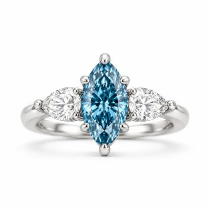 Estate Jewelry 3 Carat Lab Grown Marquise Shape Blue Diamond Three Stone Ring In 14K White Gold