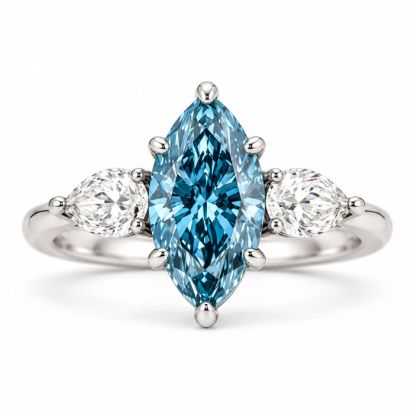 Estate Jewelry 4 Carat Lab Grown Marquise Shape Blue Diamond Three Stone Ring In 14K White Gold