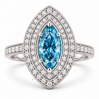 Estate Jewelry 3 Carat Lab Grown Marquise Shape Blue DIamond Double Halo Ring In 14K White Gold