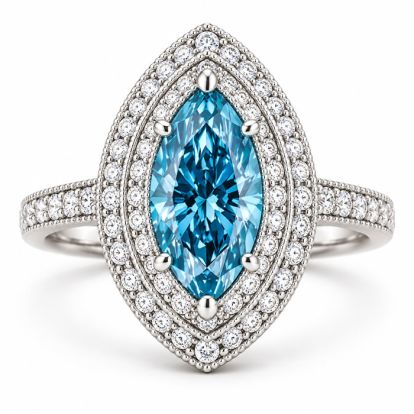 Estate Jewelry 4 Carat Lab Grown Marquise Shape Blue DIamond Double Halo Ring In 14K White Gold