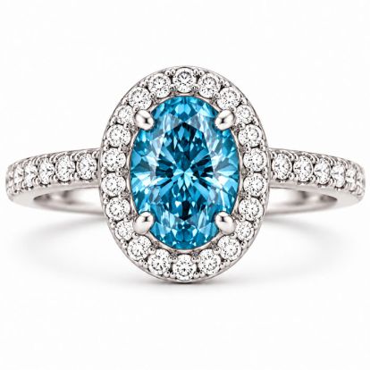 Estate Jewelry 3 Carat Lab Grown Oval Shape Blue Diamond Halo Ring In 14K White Gold