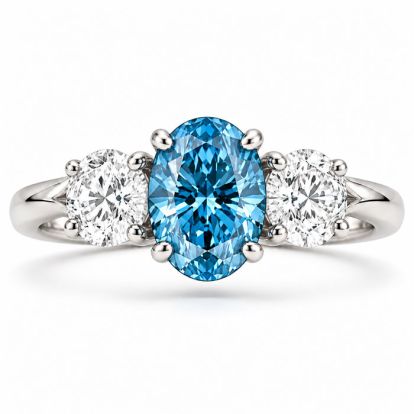 Estate Jewelry 3 Carat Lab Grown Oval Shape Blue Diamond Three Stone Ring In 14K White Gold
