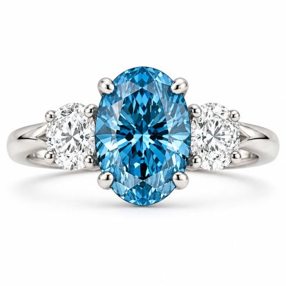 Estate Jewelry 4 Carat Lab Grown Oval Shape Blue Diamond Three Stone Ring In 14K White Gold