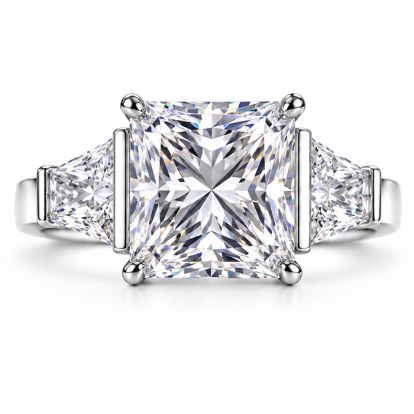 4 Carat Princess Cut Lab Grown Diamond Three Stone Ring With Trapezoids In 14K White Gold