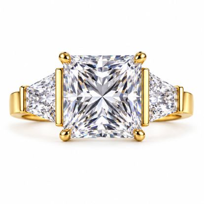 4 Carat Princess Cut Lab Grown Diamond Three Stone Ring With Trapezoids In 14K Yellow Gold