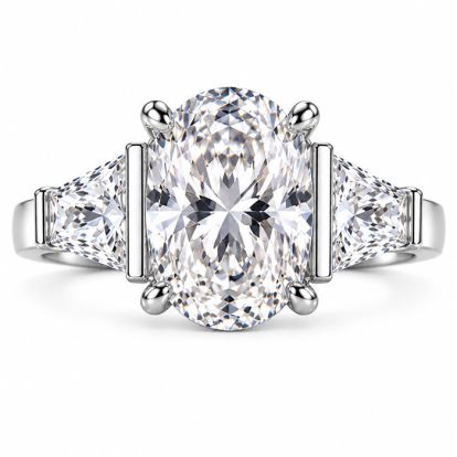 4 Carat Oval Shape Lab Grown Diamond Three Stone Ring With Trapezoids In 14K White Gold
