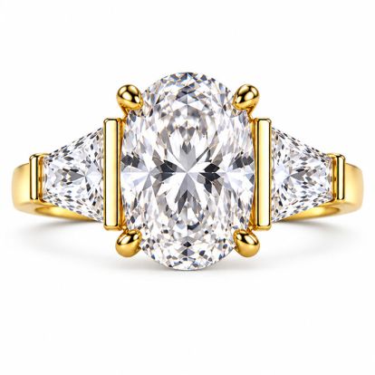 4 Carat Oval Shape Lab Grown Diamond Three Stone Ring With Trapezoids In 14K Yellow Gold