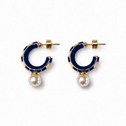 Draper James Navy Blue and Pearl Hoop Earrings In Gold