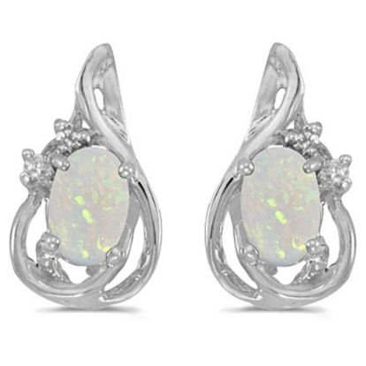 1/2ct Oval Opal And Diamond Teardrop Earrings in 14k White Gold