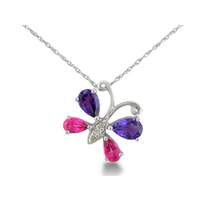 1.5ct Diamond, Amethyst and Pink Topaz Butterfly Pendant in Silver