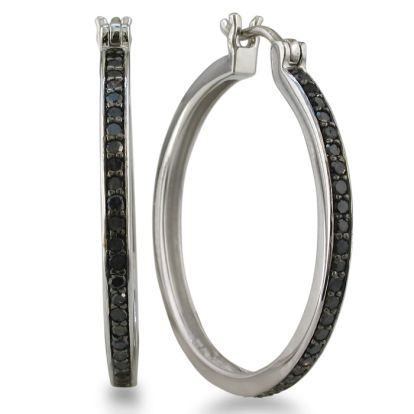1/2ct Black Diamond Hoop Earrings in Sterling Silver, Over 1 Inch. 