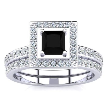 1ct Black and White Princess Cut Diamond Pave Bridal Set, SS