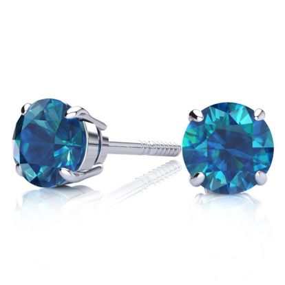 1 1/2 Carat Blue Diamond Stud Earrings, 14 Karat White Gold