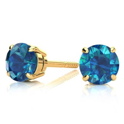 1 1/2 Carat Blue Diamond Stud Earrings, 14 Karat Yellow Gold
