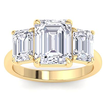 5 Carat Emerald Cut Lab Grown Diamond Three Stone Engagement Ring In 14K Yellow Gold