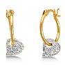 18 Karat Yellow Gold Overlay  Hoop Earrings with Dangling Swarovski Elements Crystal Heart Accent Image-2