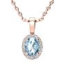 1 Carat Oval Shape Blue Topaz and Halo Diamond Necklace In 14 Karat Rose Gold With 18 Inch Chain Image-1