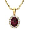 Garnet Necklace: Garnet Jewelry: 1 1/2 Carat Oval Shape Garnet and Halo Diamond Necklace In 14 Karat Yellow Gold With 18 Inch Chain Image-1