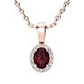 Garnet Necklace: Garnet Jewelry: 0.62 Carat Oval Shape Garnet and Halo Diamond Necklace In 14 Karat Rose Gold With 18 Inch Chain Image-1