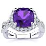 2 1/2 Carat Cushion Cut Amethyst and Halo Diamond Ring With Fancy Band In 14 Karat White Gold Image-1