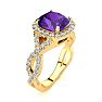 2 1/2 Carat Cushion Cut Amethyst and Halo Diamond Ring With Fancy Band In 14 Karat Yellow Gold Image-2