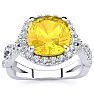 2 1/2 Carat Cushion Cut Citrine and Halo Diamond Ring With Fancy Band In 14 Karat White Gold Image-1