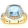Aquamarine Ring: Aquamarine Jewelry: 2 1/2 Carat Cushion Cut Aquamarine and Halo Diamond Ring With Fancy Band In 14 Karat Yellow Gold Image-1