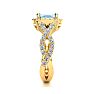Aquamarine Ring: Aquamarine Jewelry: 2 1/2 Carat Cushion Cut Aquamarine and Halo Diamond Ring With Fancy Band In 14 Karat Yellow Gold Image-4
