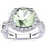 2 1/2 Carat Cushion Cut Green Amethyst and Halo Diamond Ring With Fancy Band In 14 Karat White Gold Image-1