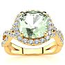 2 1/2 Carat Cushion Cut Green Amethyst and Halo Diamond Ring With Fancy Band In 14 Karat Yellow Gold Image-1