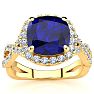 3 1/2 Carat Cushion Cut Sapphire and Halo Diamond Ring With Fancy Band In 14 Karat Yellow Gold Image-1