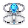 1 3/4 Carat Oval Shape Blue Topaz and Halo Diamond Spacer Ring In 14 Karat White Gold Image-1