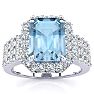 Aquamarine Ring: Aquamarine Jewelry: 3 Carat Aquamarine and Halo Diamond Ring In 14 Karat White Gold Image-1
