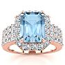 Aquamarine Ring: Aquamarine Jewelry: 3 Carat Aquamarine and Halo Diamond Ring In 14 Karat Rose Gold Image-1