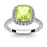 3 Carat Cushion Cut Peridot and Halo Diamond Ring In 14K White Gold Image-1