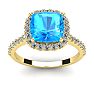 3 Carat Cushion Cut Blue Topaz and Halo Diamond Ring In 14K Yellow Gold Image-1